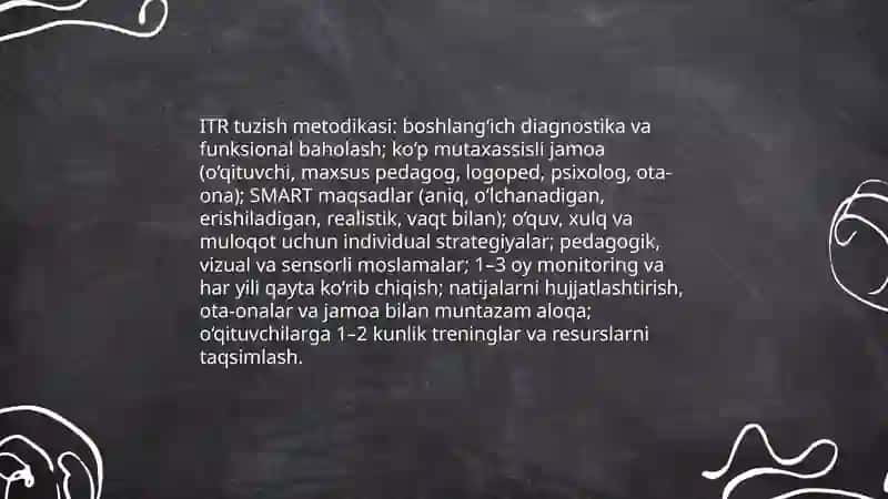 Turli darajadagi intellektual yetishmovchiligi bo‘lgan bolalar uchun inklyuziv ta’lim strategiyalari va ularni amalga oshirish shart-sharoitlari. Autistik spektr buzilishlariga ega bolalar uchun inklyuziv ta’lim strategiyalari va ularni amalga oshirish shart-sharoitlari. 4