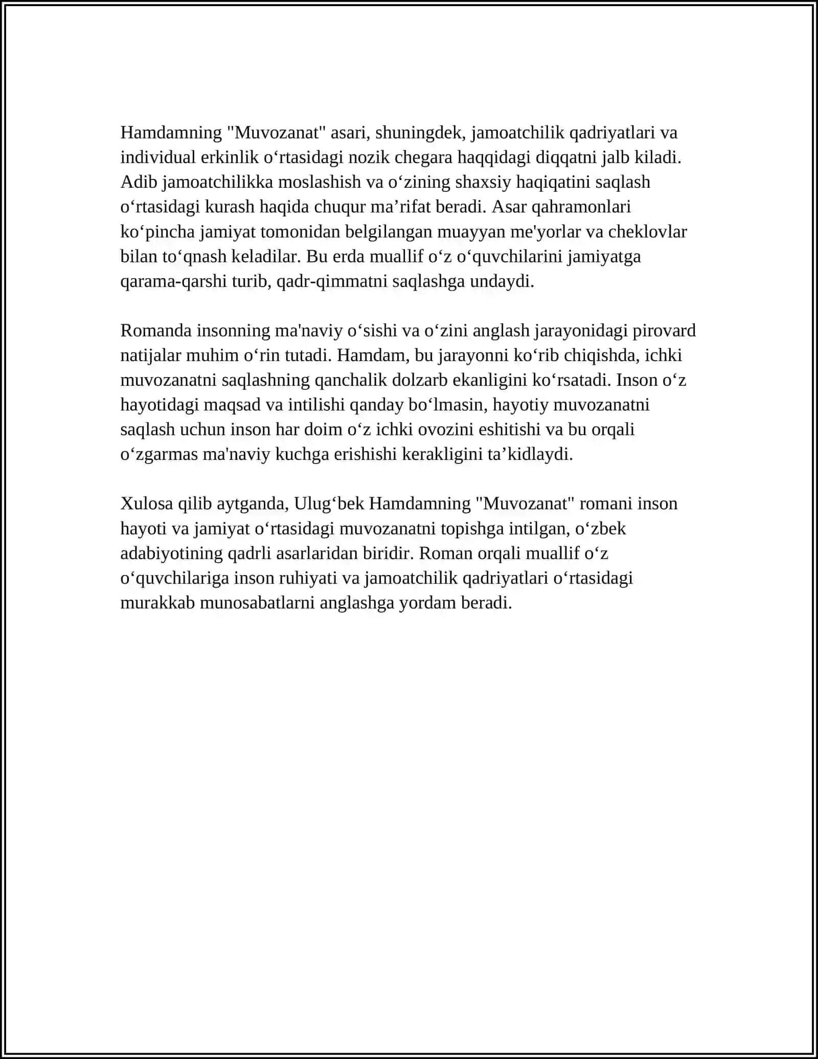 ULUGʻBEK HAMDAMNING,,MUVOZANAT" ROMANI BOʻYICHA REFERAT 4
