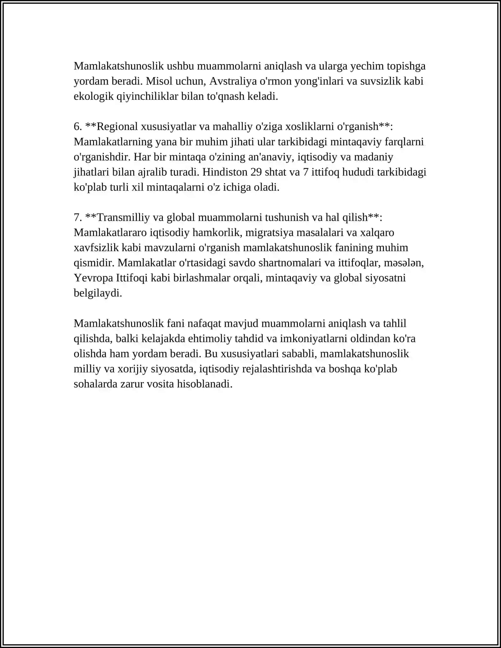 MAMLAKATSHUNOSLIK FANINING VAZIFASI MAQSADI VA O'RGANISH OBYEKTINI O'RGANISH.DUNYONING SIYOSIY KARTASINI TAHLIL QILISH 4