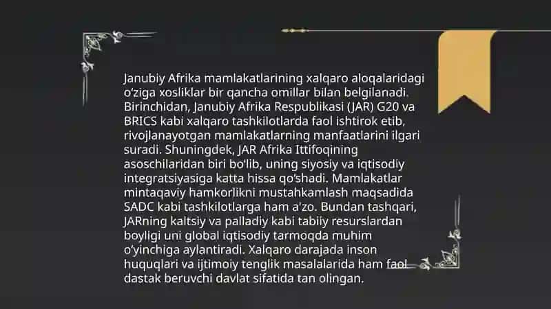 Oʻzbekiston va Jahon hamjamiyati (Janubiy Afrika mamlakatlari halqaro diplomatik aloqalar misolida) 4