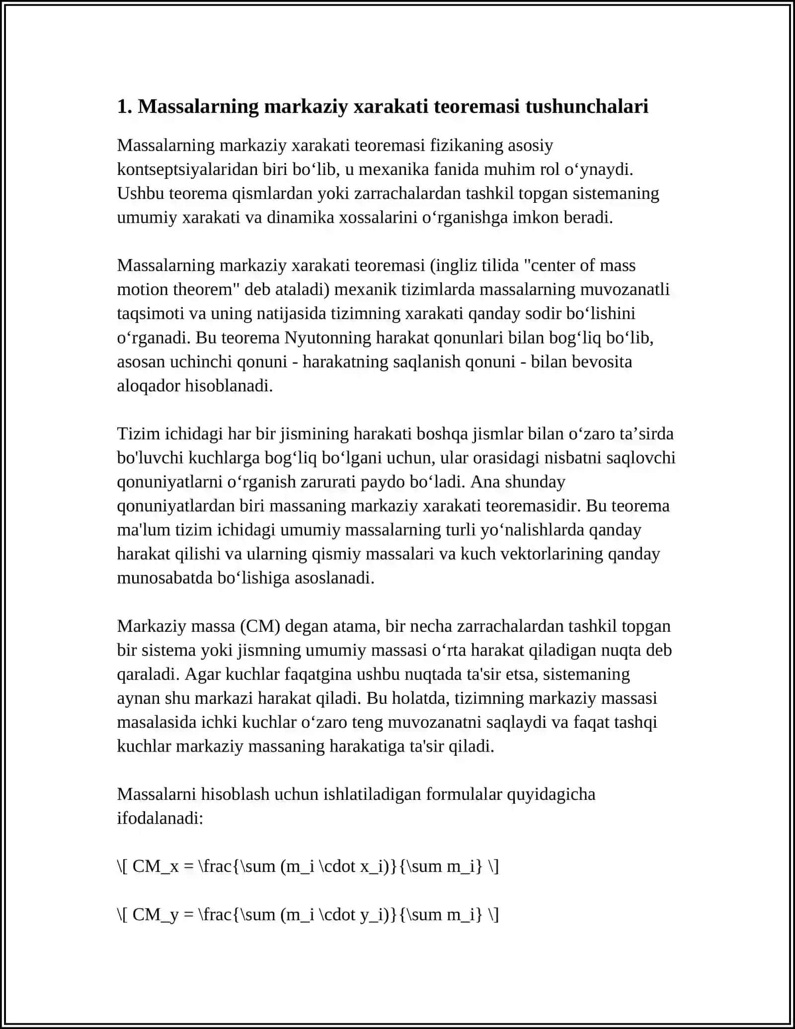 SISTEMA MASSA MARKAZI XARAKATI XAQIDAGI TEOREMADAN FOYDALANIB MASALALAR YECHISH 4
