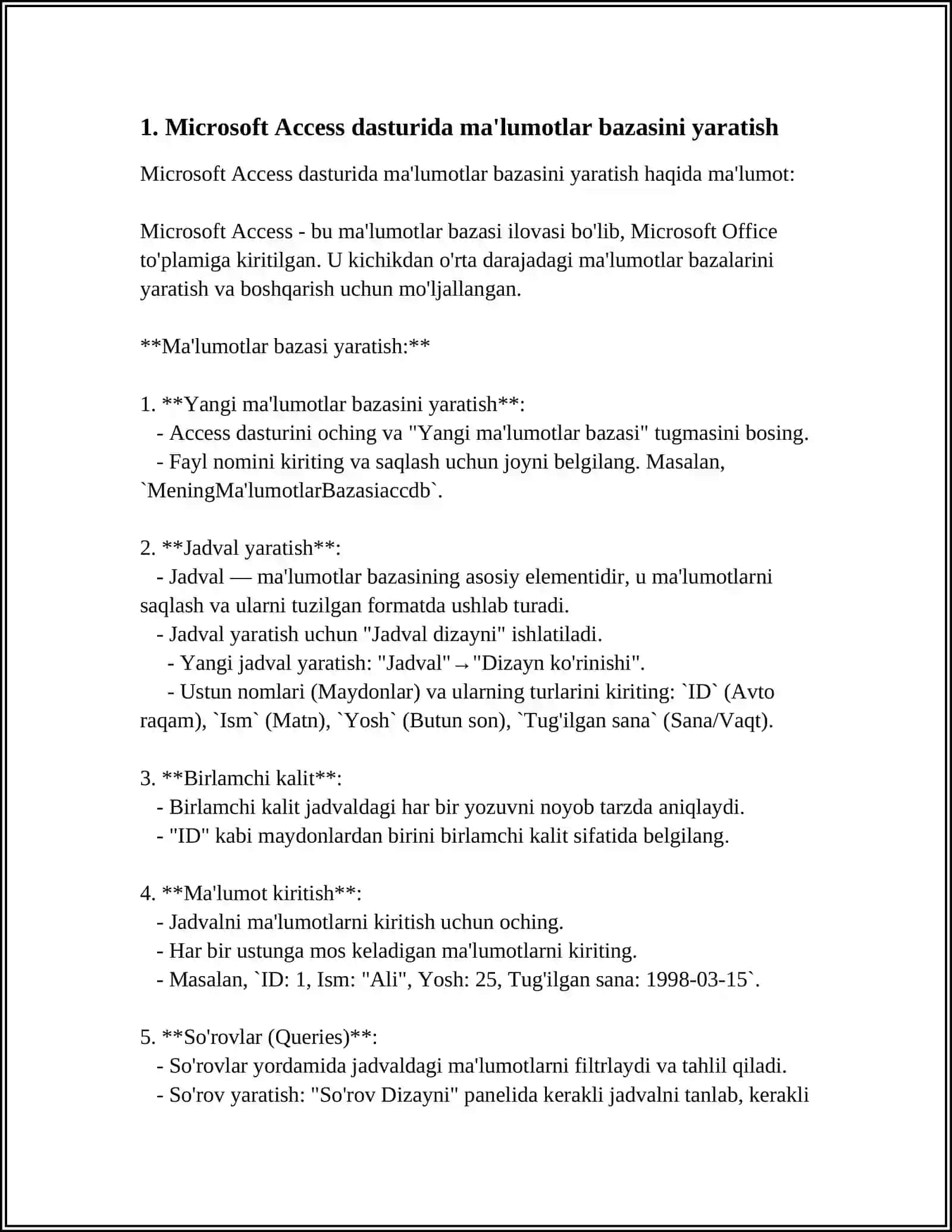 Microsoft Access dasturida ma'lumotlar bazasini yaratish 4