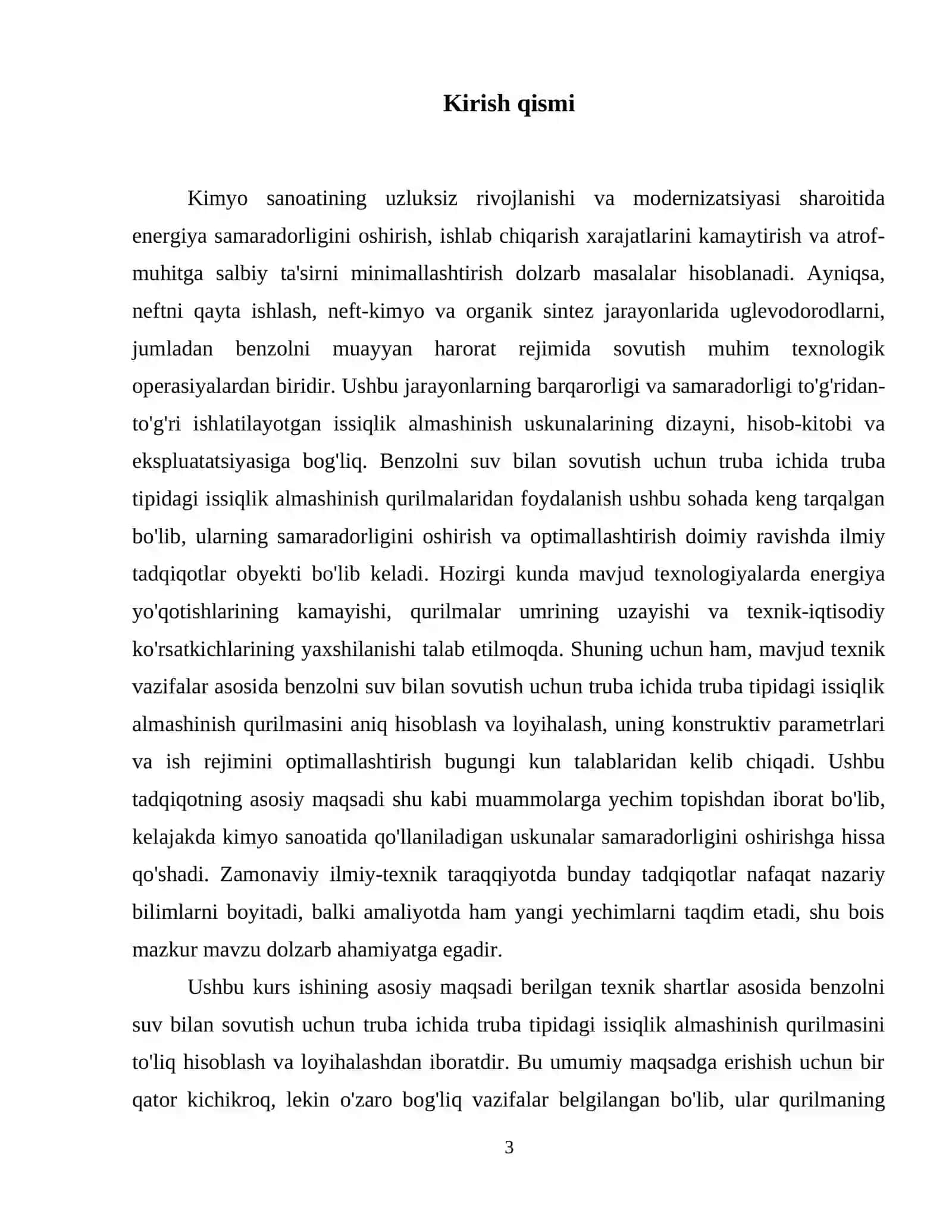Benzolni suv bilan sovutish uchun truba ichida truba issiqlik  
almashinish qurilmasini hisoblang va loyihalang. Berilgan:  
unumdorligi G=10,32 t/soat, benzolning harorati tb=620C, to=32 
0C,  
suvning harorati tb=190C, to=33 
0C. 4
