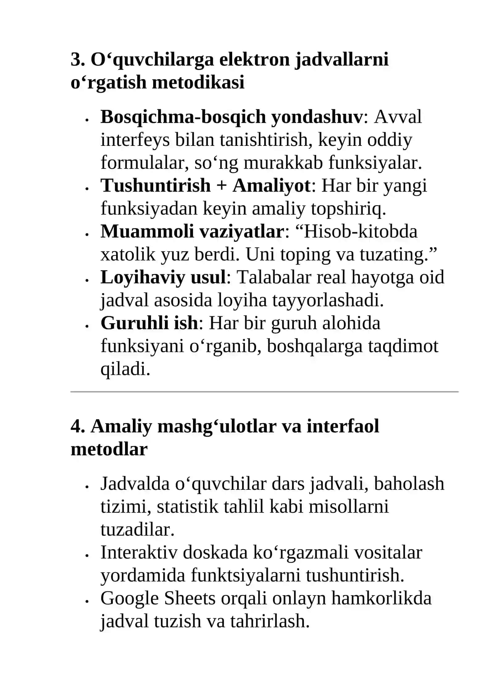Elektron jadvallar bo‘limini o‘qitish metodikasi 4