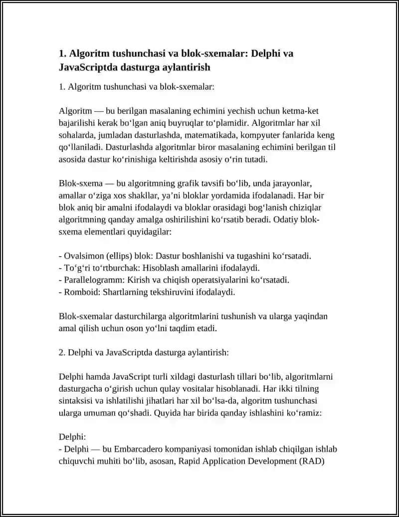 MASALALARNING ALGORITMINI TUZISH VA SHU ALGORITM ASOSIDA DELPHI DASTURLASH TILIDA DASTUR TUZISH 4