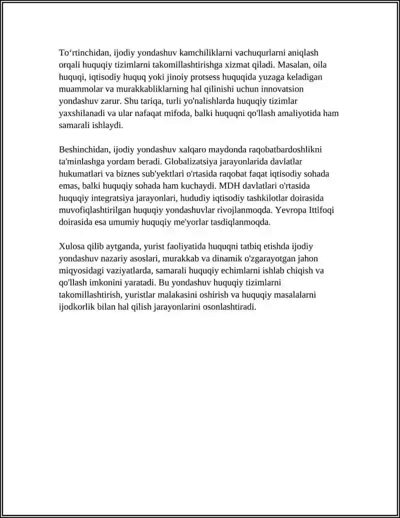 YURIST FAOLIYATIDA HUQUQNI TATBIQ ETISHDA MASALALARGA IJODIY YONDASHUVNING ROLI 4