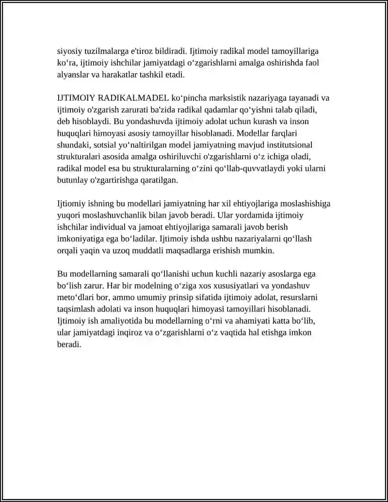 SATSIALAGIK YONALTIRILGAN IJTIMOIY ISH MODELLARI"HAYOT MADELI, IJTIMOIY RADIKALMADELI 4
