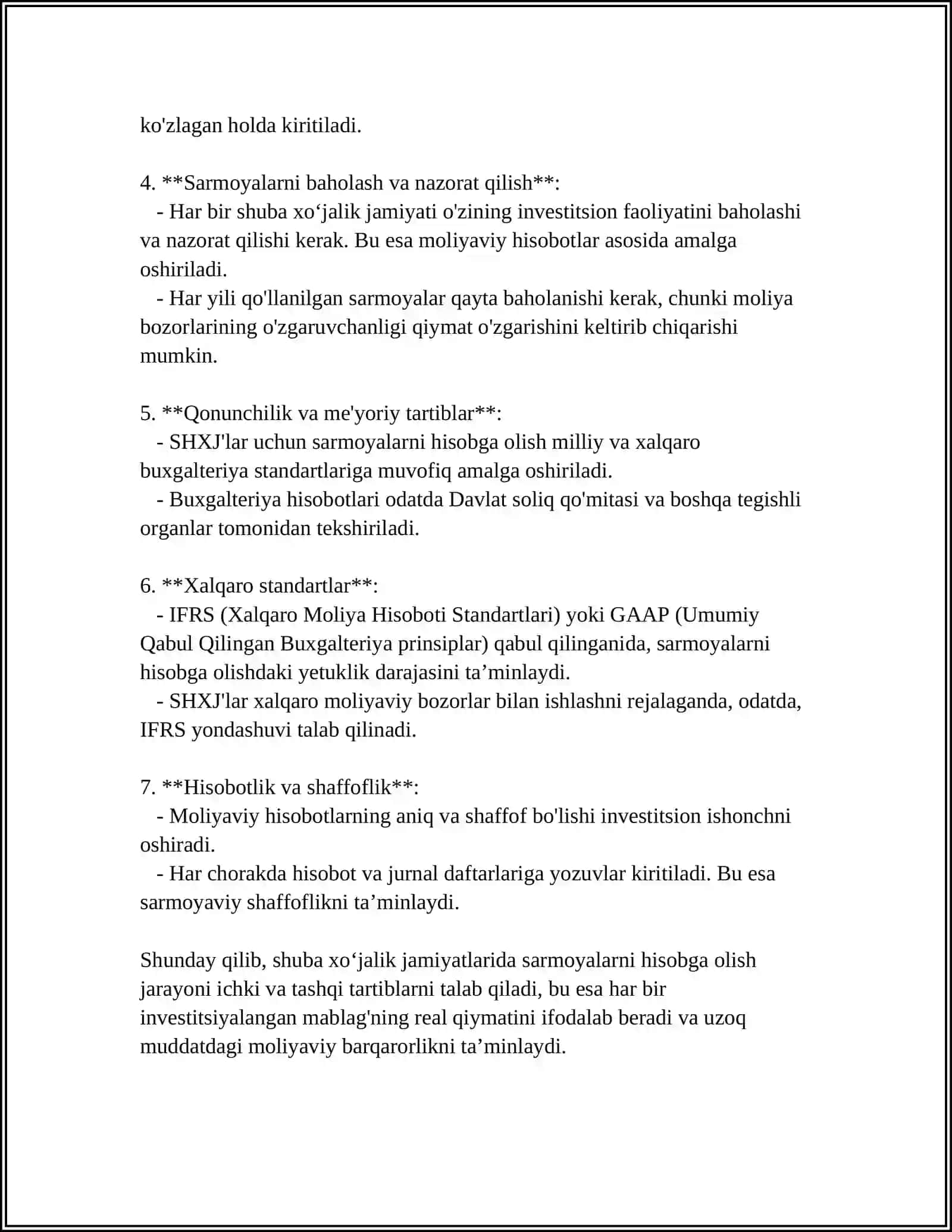 SHUBA XOʻJALIK JAMIYATLARIGA SARMOYALARNI HISOBGA OLISH VA KONSOLIDATSIYALASHGAN MOLIYAVIY HISOBOTLAR 4