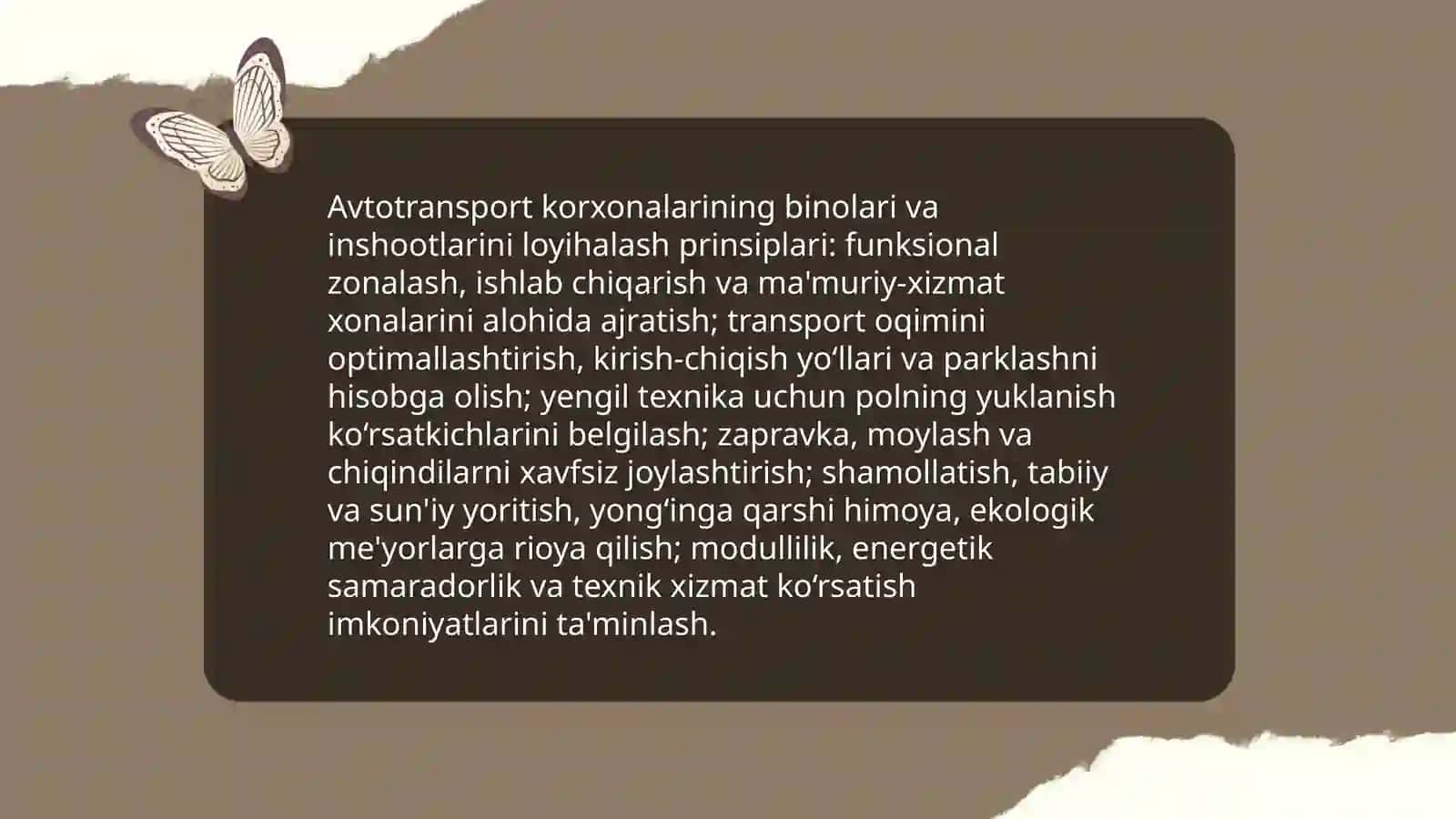 Avtotransport tarmog’i korxonalarining ishlab chiqarish -texnik bazasi va ularni loyihalash 4