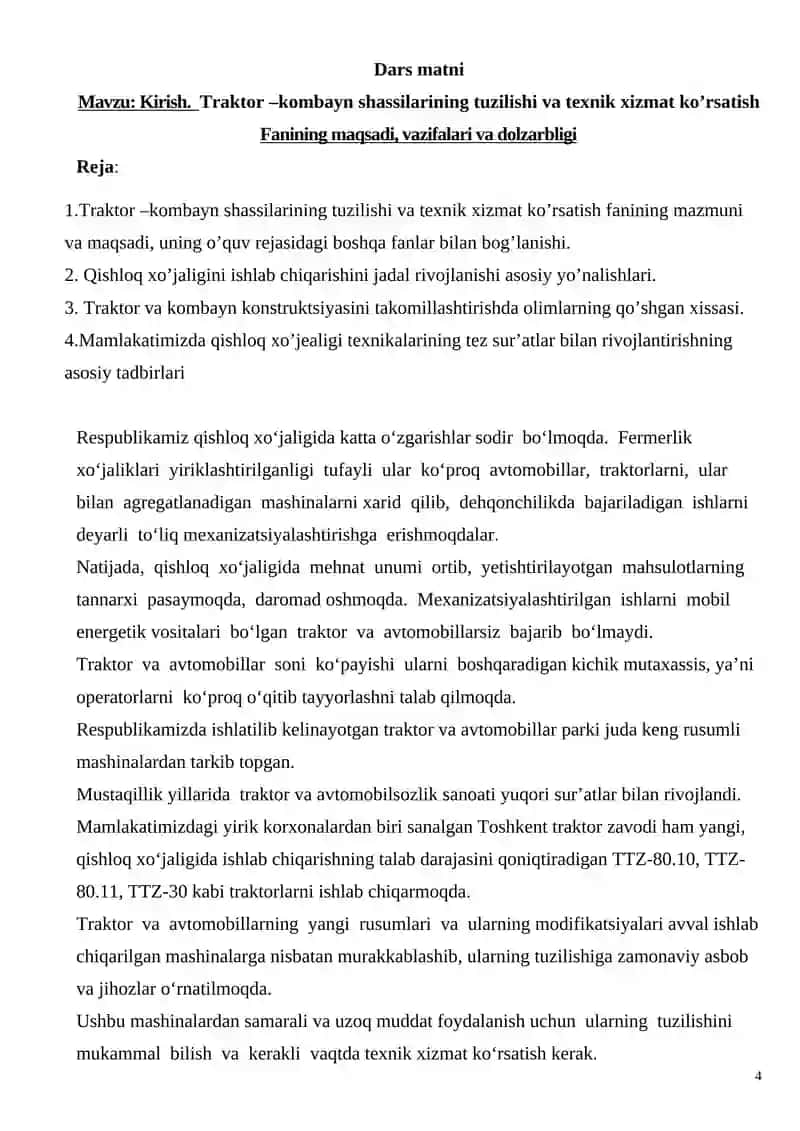 Traktor-kombayn shassilari tuzilishi va texnik xizmat ko’rsatish fаnidan o'quv mashg'ulotida ta'lim texnologiyasi modeli 4