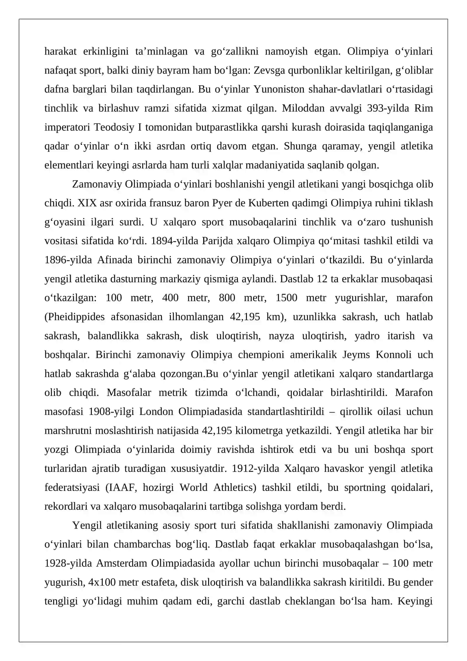Yengil atletika turi bo‘yicha Olimpiada o‘yinlarining o‘tkazilishi 4