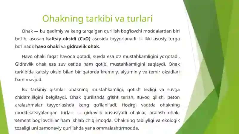 Gidravlik bog‘lovchi moddalar. Ohakni ishlab chiqarish usullari, afzallik va kamchiliklari 4