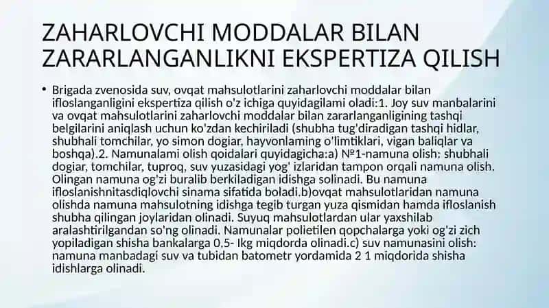 Radiaktiv va zaharlovchi moddalardan zaharlangan suv va Oziq mahsulotlarini sanitar tekshiruvdan o‘tkazish 4
