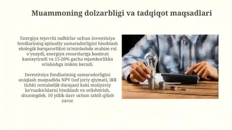 Energiya tejovchi tadbirlarga investitsiya fondlarining iqtisodiy samaradorligini hisoblash 4