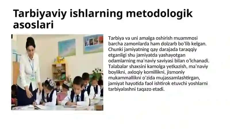 2-MAVZU: TARBIYAVIY TADBIRLARNI TASHKIL ETISHDA AMALIY ISH NAMUNALARIDAN FOYDALANISH 4