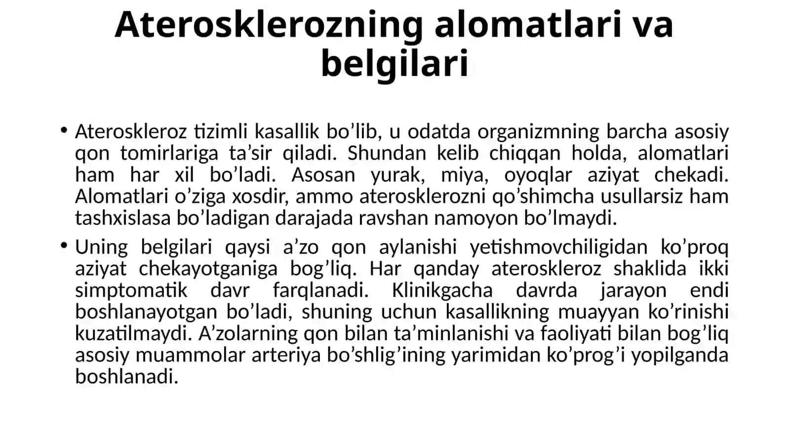 Ateroskleroz: sabablari, alomatlari, tashxislash, davolash va oldini olish 4