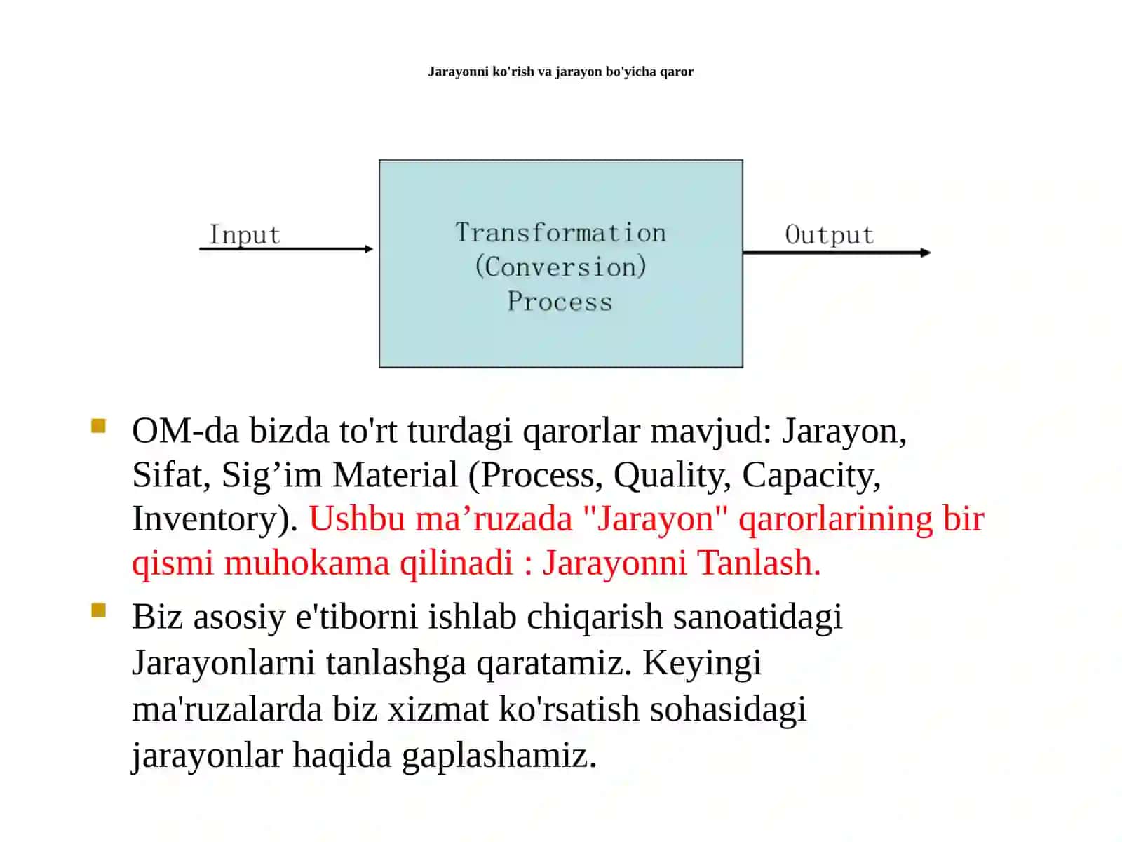 Operatsion boshqaruv fanining 4-mavzu: Jarayonlarnitanlash 4