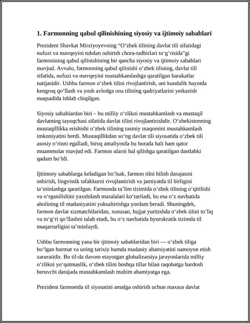 PREZIDENT SHAVKAT MIRZIYOYEVNING "OʻZBEK TILINING DAVLAT TILI SIFATIDAKI NUFUZI VA MAVQEYINI TUBDAN OSHIRISH CHORA-TADBIRLARI TOʻGʻRISIDAKI FARMONING TARIXIY AHAMIYATI TOʻGʻRISIDA" 4