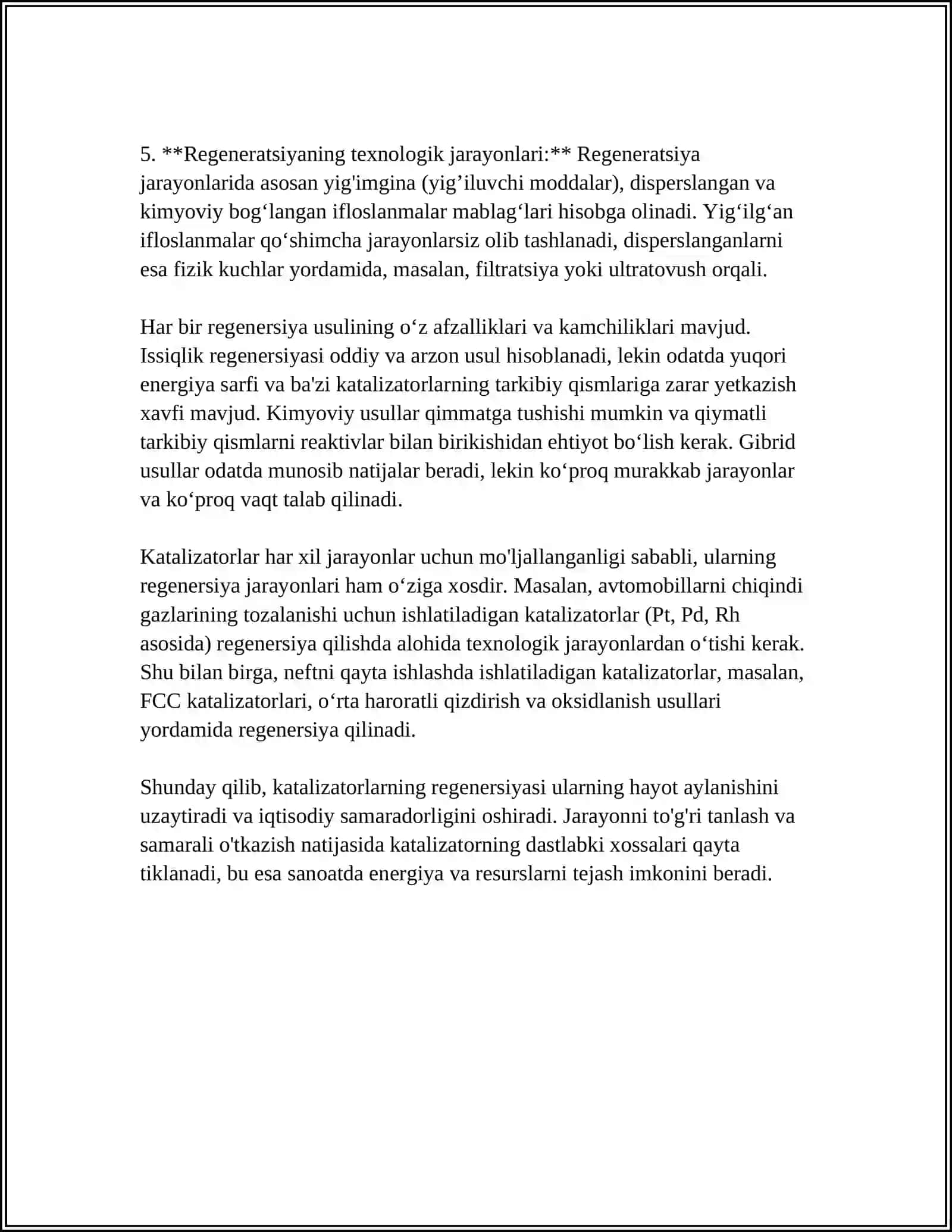 MUSTAQIL ISH Mavzu: KATALIZATORLARNI REGENERATSIYA QILISH JARAYONI 4