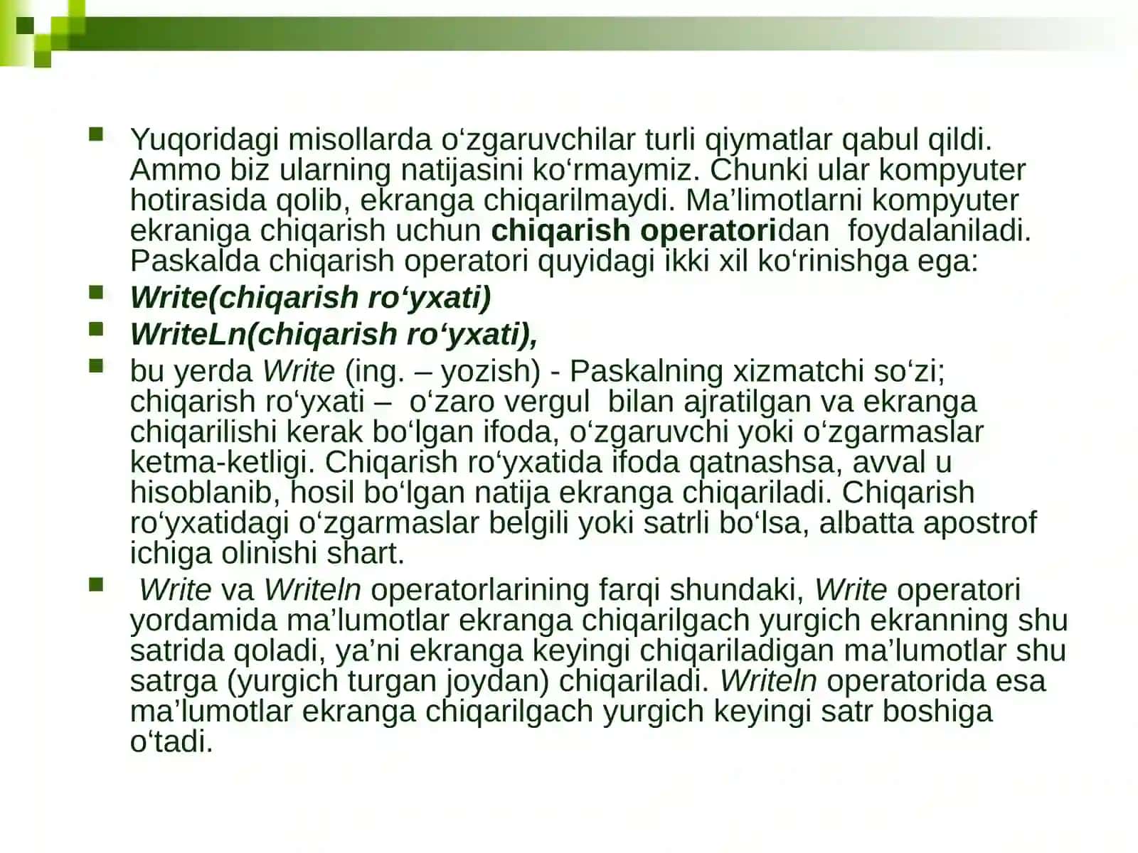 O’zlashtirish va ma’lumotlarni ekranga chiqarish operatorlari 4