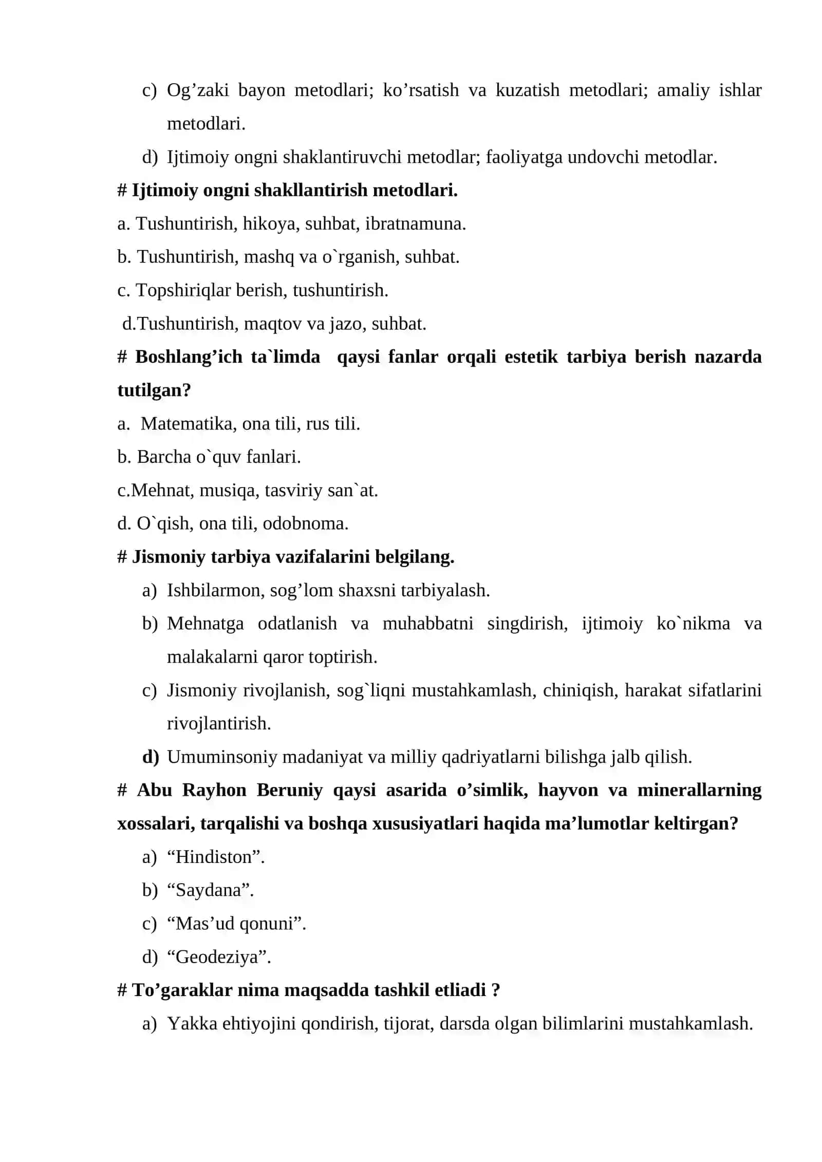 Umumiy pedagogika YAKUNIY NAZORAT SAVOLARI 200 ta 4