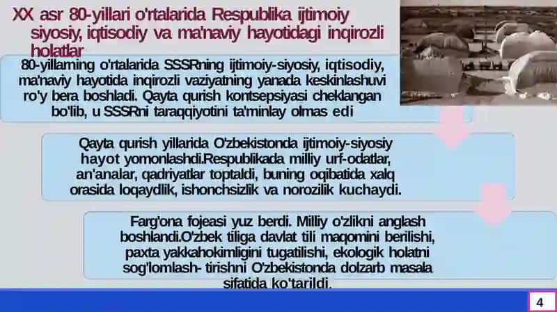 Qayta qurish yillarida O‘zbekistondagi ijtimoiy-siyosiy vaziyat 4