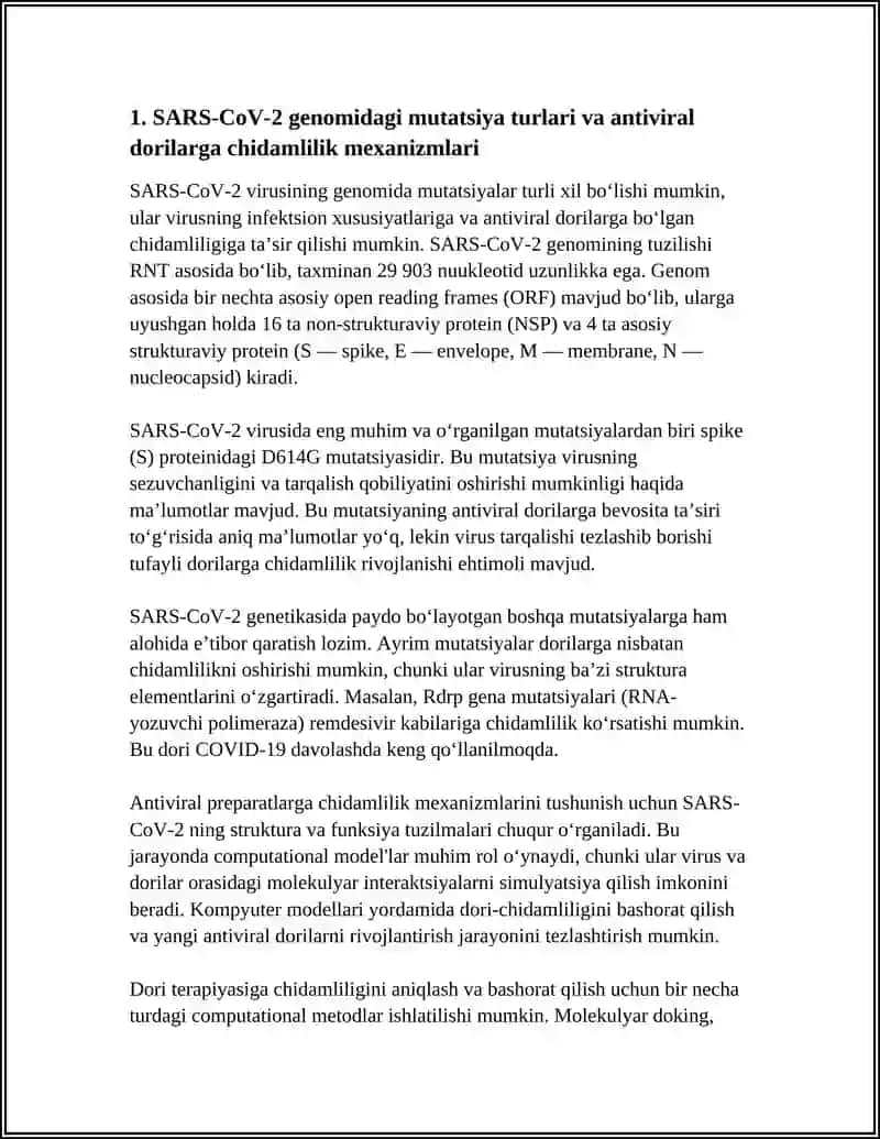 SARS-COV-2 VA ANTIVIRALLARGA QARSHIMUTATSIYALAR. YANGI COMPUTATIONAL MODEL ORQALIDORI CHIDAMLILIGI YUZASIDAN TAXMINIYYONDOSHUVLAR 4