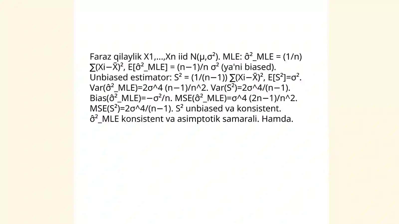Ba'zi muhim taqsimotlar parametrlari uchun nuqtaviy baholar 4