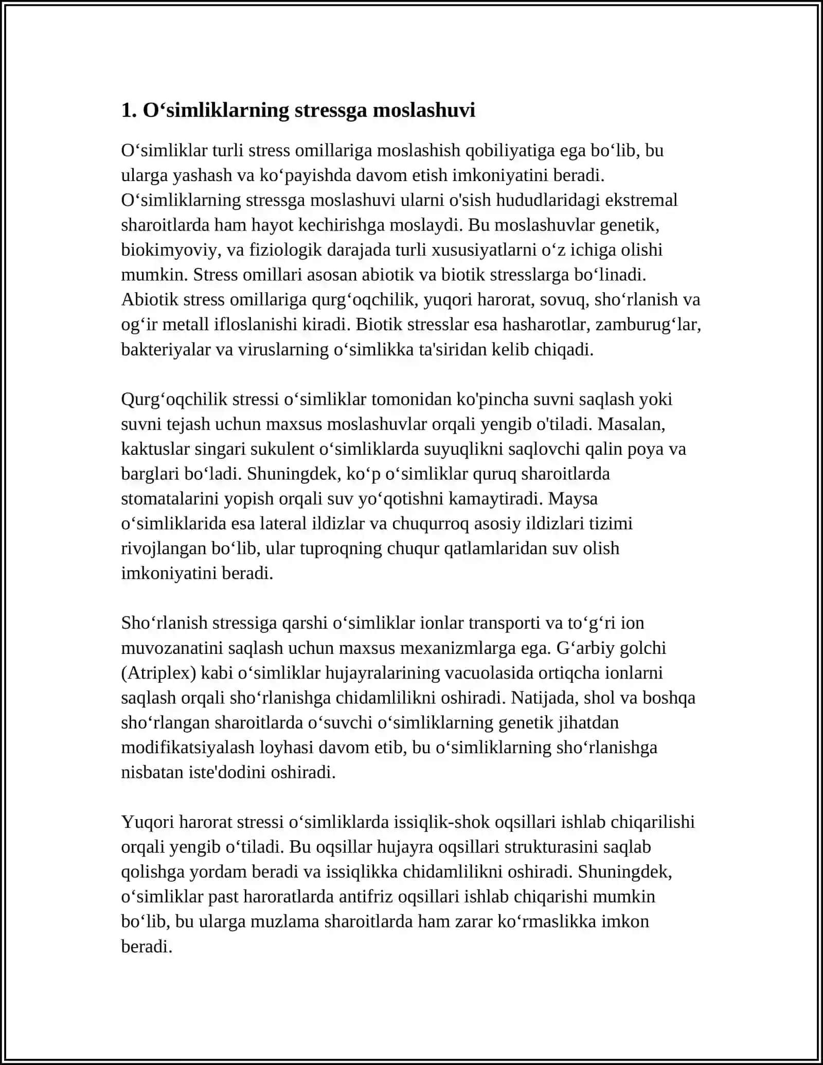 OʻSIMLIKLARDA STRESS,MOSLASHUV VA CHIDAMLILIK 4