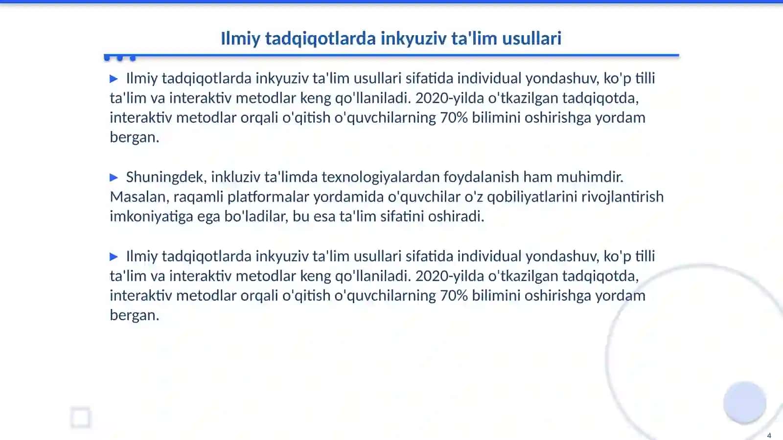 Inkyuziv ta'lim muammolarini o'rganish 4