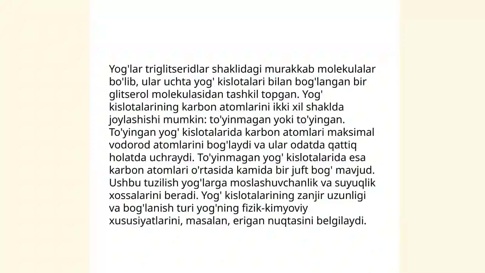 Yog'lar: kimyoviy tarkibi, tuzilishi va funksiyalari, ularning klassifikatsiyasi 4