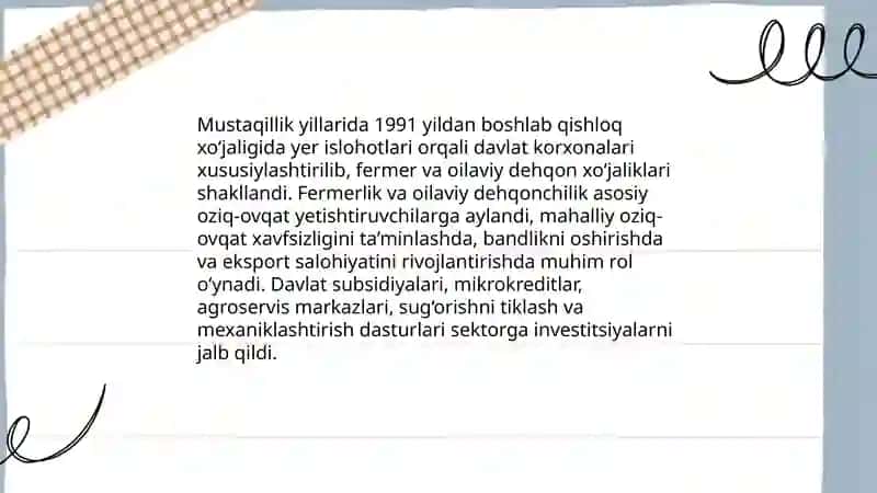 Mustaqillik yillarida qishloq xo‘jaligi va sanoat sohasidagi o‘zgarishlar. 4