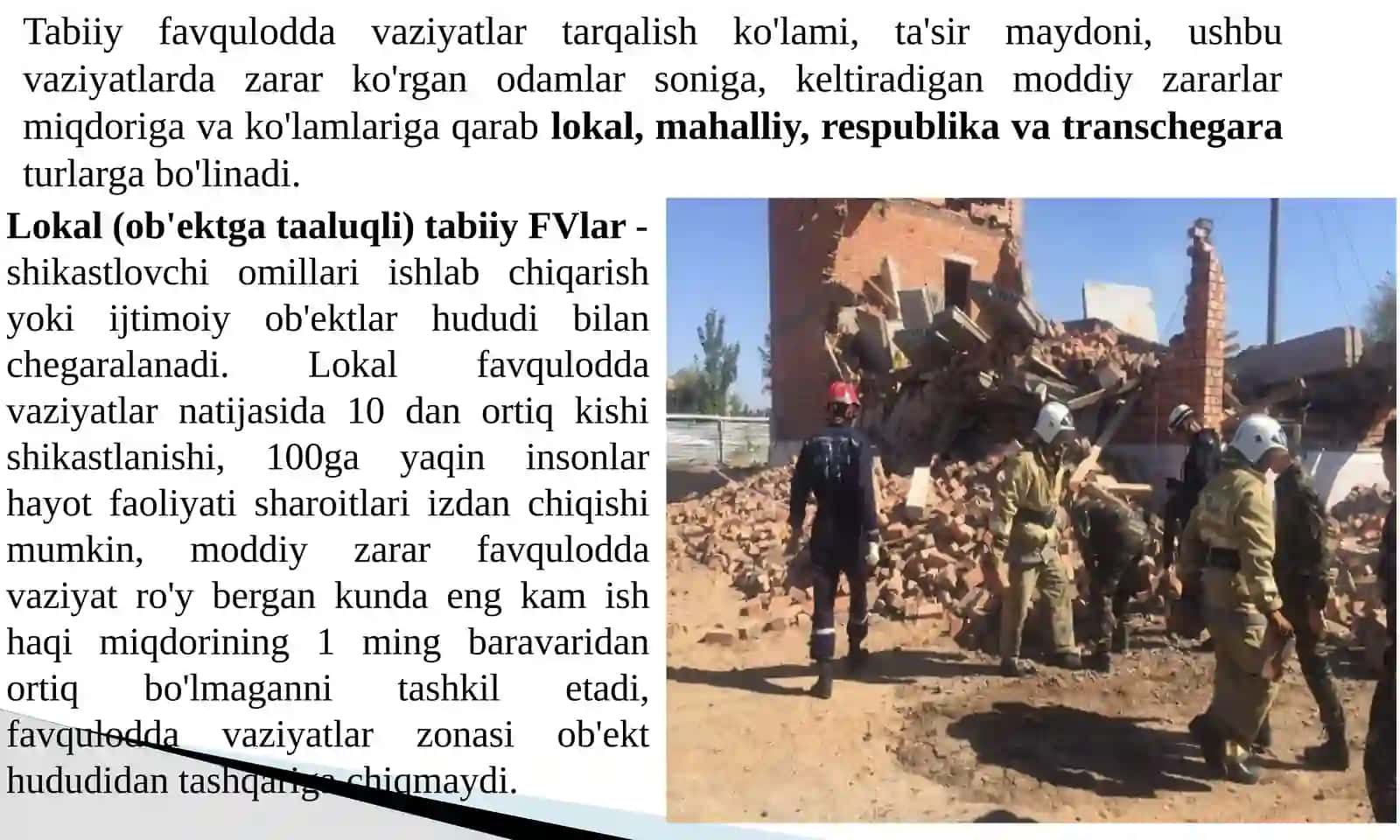 TABIIY TUSDAGI FAVQULODDA VAZIYATLAR, ULARNING TASNIFI VA TAVSIFI.AHOLI VA XUDUDNI TABIIYFAVQULODDA VAZIYATLARDAN MUHOFAZA QILISH 4