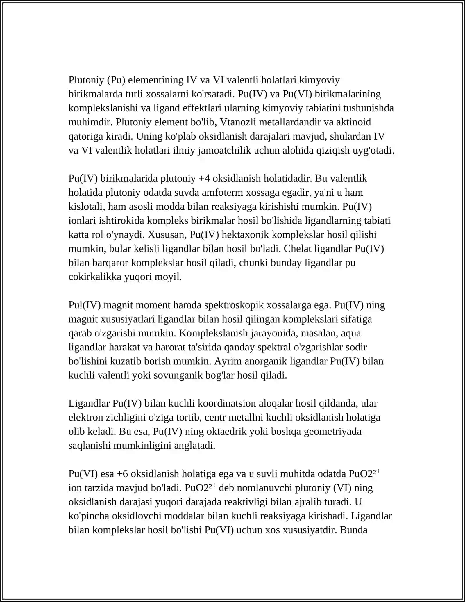 PU(IV) VA PU(VI) BIRIKMALARINING KIMYOVIY XOSSALARI. PLUTONIY BILAN ISHLASHDA XAVFSIZLIK TALABLARINING ILMIY ASOSLARI 4