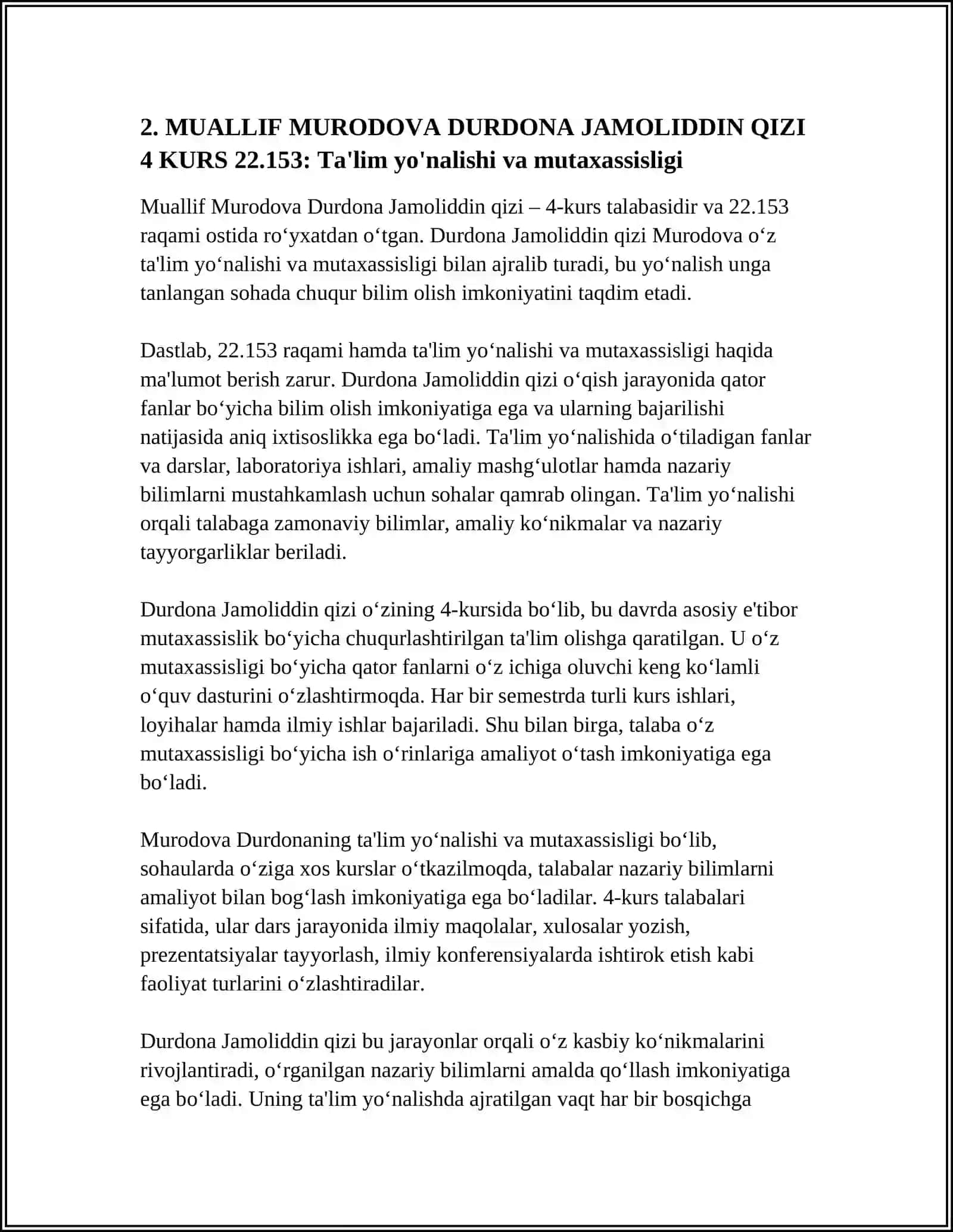 MUALLIF MURODOVA DURDONA JAMOLIDDIN QIZI 4 KURS 22.153 4
