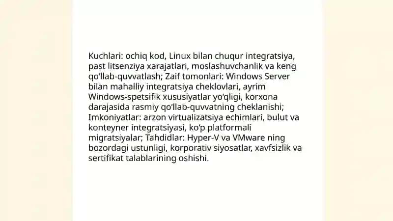 VMware ESXi (vSphere) va Windows Server uchun SWOT tahlili 4