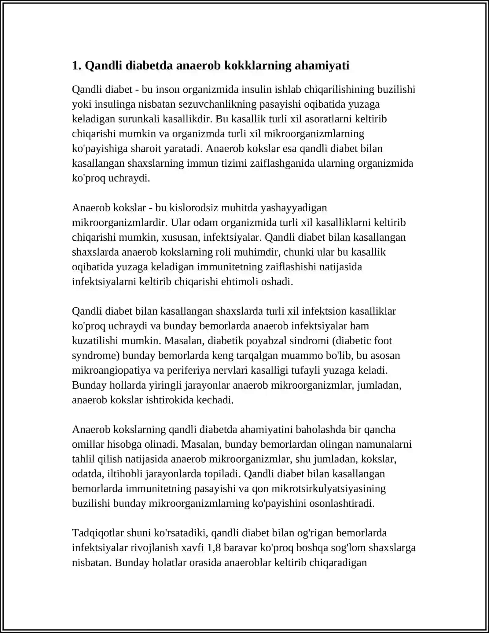 SHARTLI PATOGEN ANAEROB KOKLARI XIRURGIK XA GINEKOLOGIK KASALLIKLARDAGI AHAMIYATI QANDLI DIABETDA UCHRAYDIGAN INYEKSIYALAR, PATOGENEZ VA LABARATORIYA TASHHOSI 4