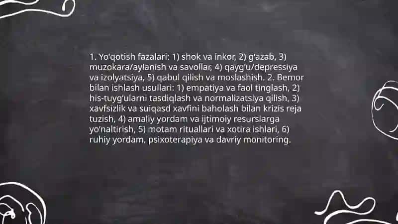 Krizis holatdagi bemorga maslahat berish. Yoʻqotish, bemor holatini oʻziga xosligi 4