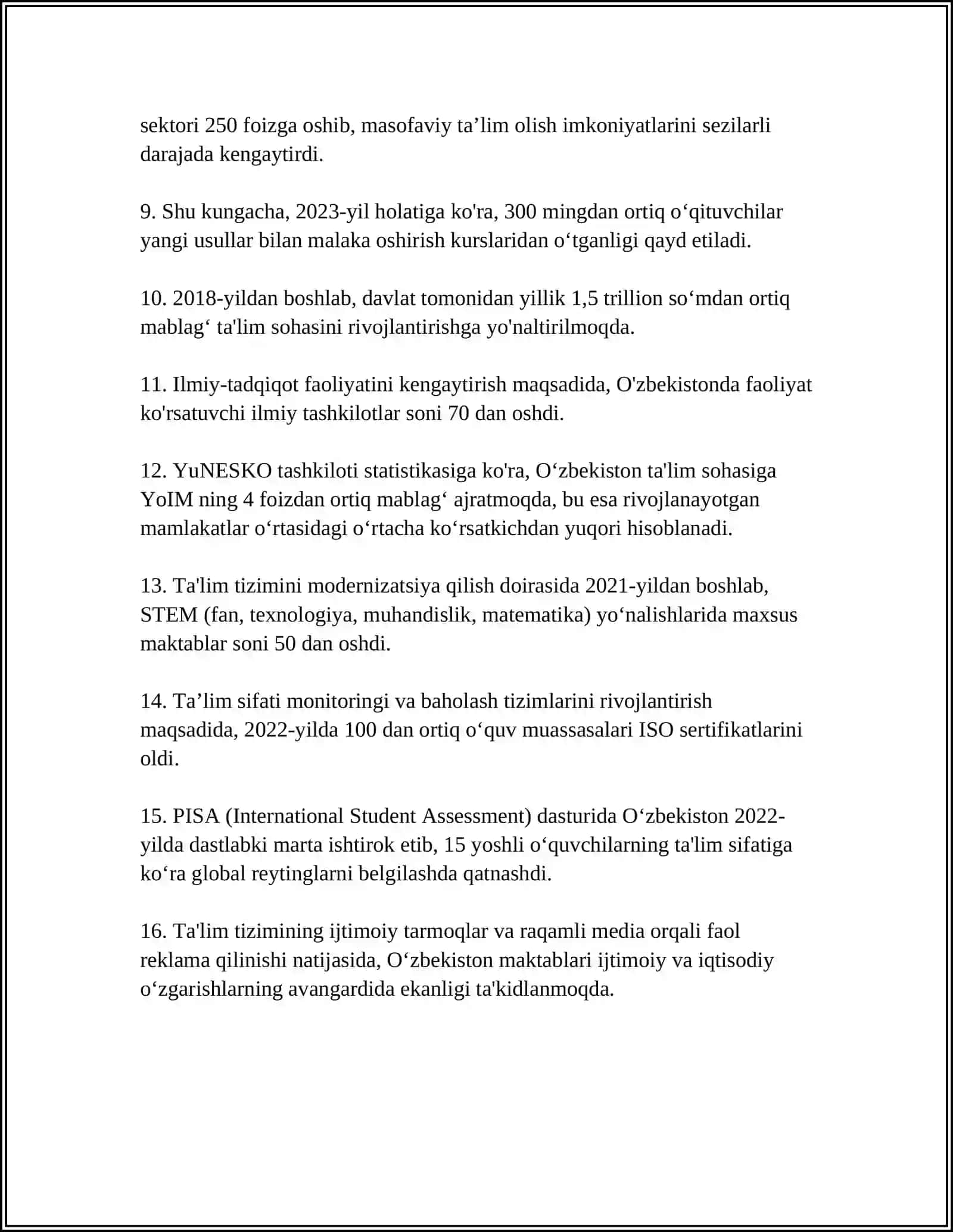 SHAVKAT MIRZIYOYVNING O'ZBEKISTONDA TA'LIM SOXASIDAGI ISLOXATLARI VAYUTUQLARI VA MUOMOLARI 4