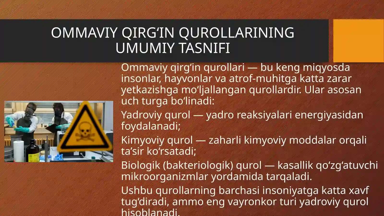 Ommaviy qirg’in qurollarining tasnifi. Jabrlanish o’chog’ining tibbiy taktik tasifi. Yo’qotishlar. Y 4