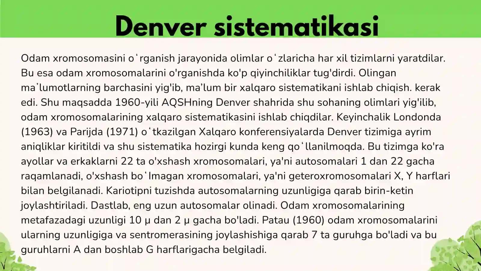 Odam genetikasining o'rganish usullari: sitogenetik, dermatoglifika, biokimyoviy. Prenatal diagnosti 4