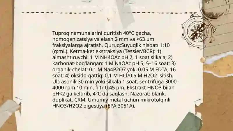 Tuproq va suvning ifloslanishida ion bog'lanishli birkmalarni aniqlab ulardan tozalash usullarini ishlab chiqish 4