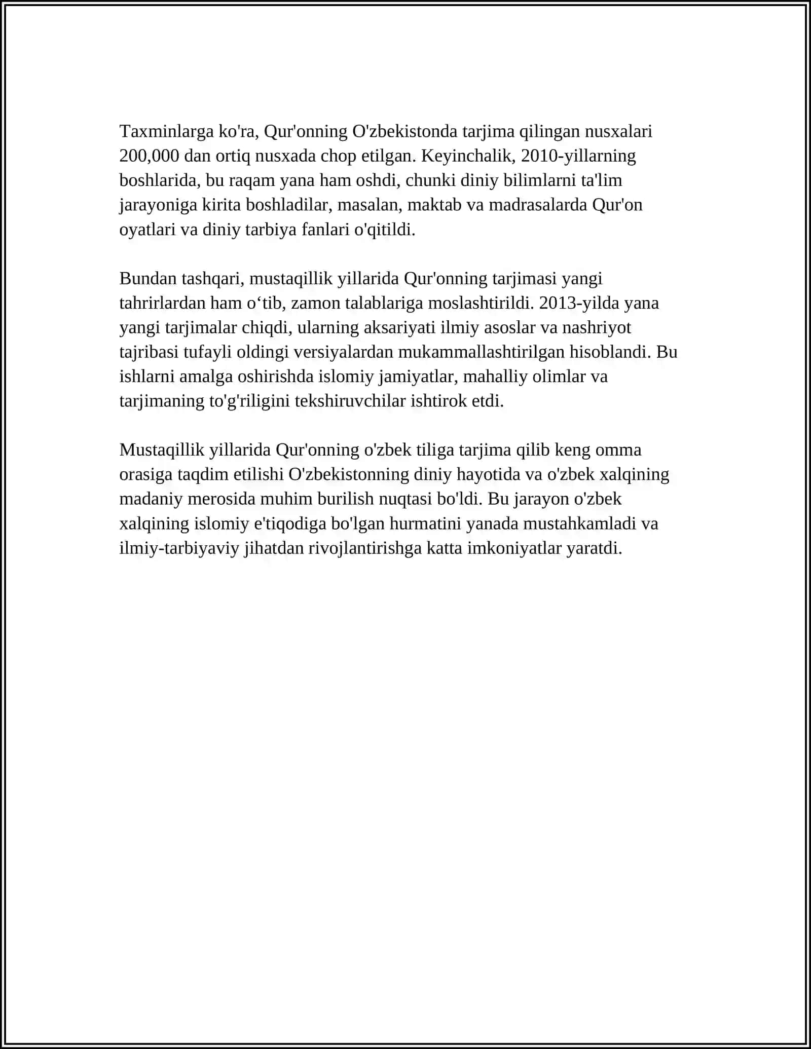 MUSTAQILLIK YILLARIDA QUR'ONNING O'ZBEK TILIGA AMALGA OSHIRILGAN TARJIMA VA TAFSIRLARI HAQIDA 4