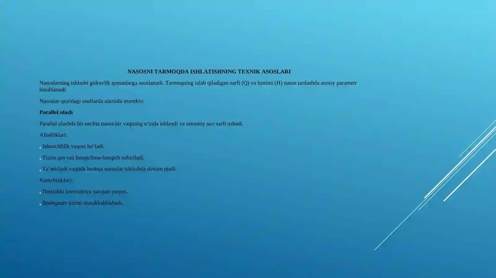 NASOSNI TARMOQDA ISHLASHI UCHUN TANLASHNING TEXNIK-IQTISODIY ASOSLARI 4