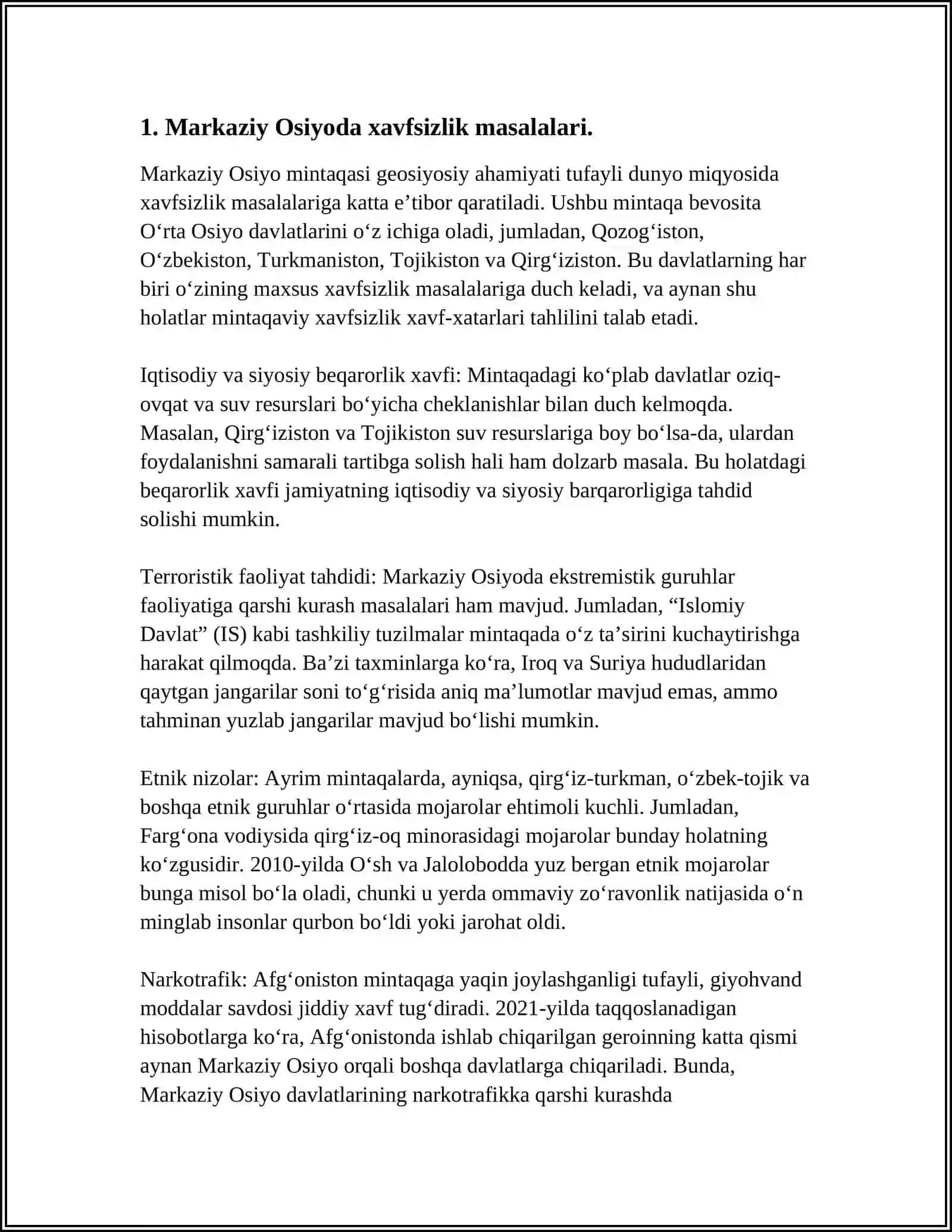 O'ZBEKISTONNING MARKAZIY OSIYODA TINCHLIK VA BARQARORLIKNI TA'MINLASHDAGI O'RNI REFERAT 4
