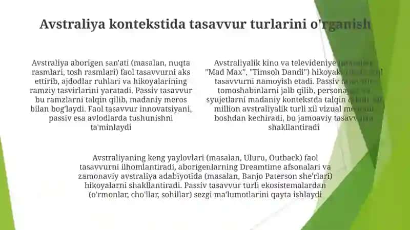Avstraliya tushunchasi; Xulosa va hukm; Aktiv va passiv xayol, xayol turlari 4