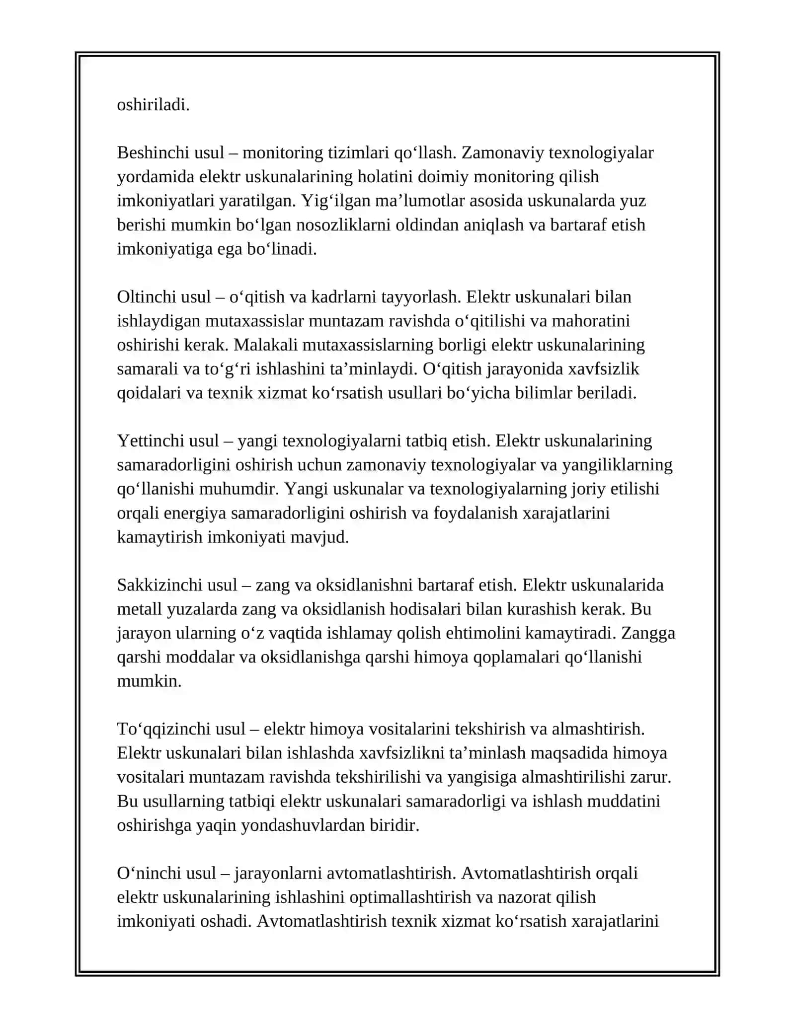 ELEKTR USKUNALARNI EKSPLUATATSIYA SAMARADORLIGINI OSHIRISH USLUBLARI 4