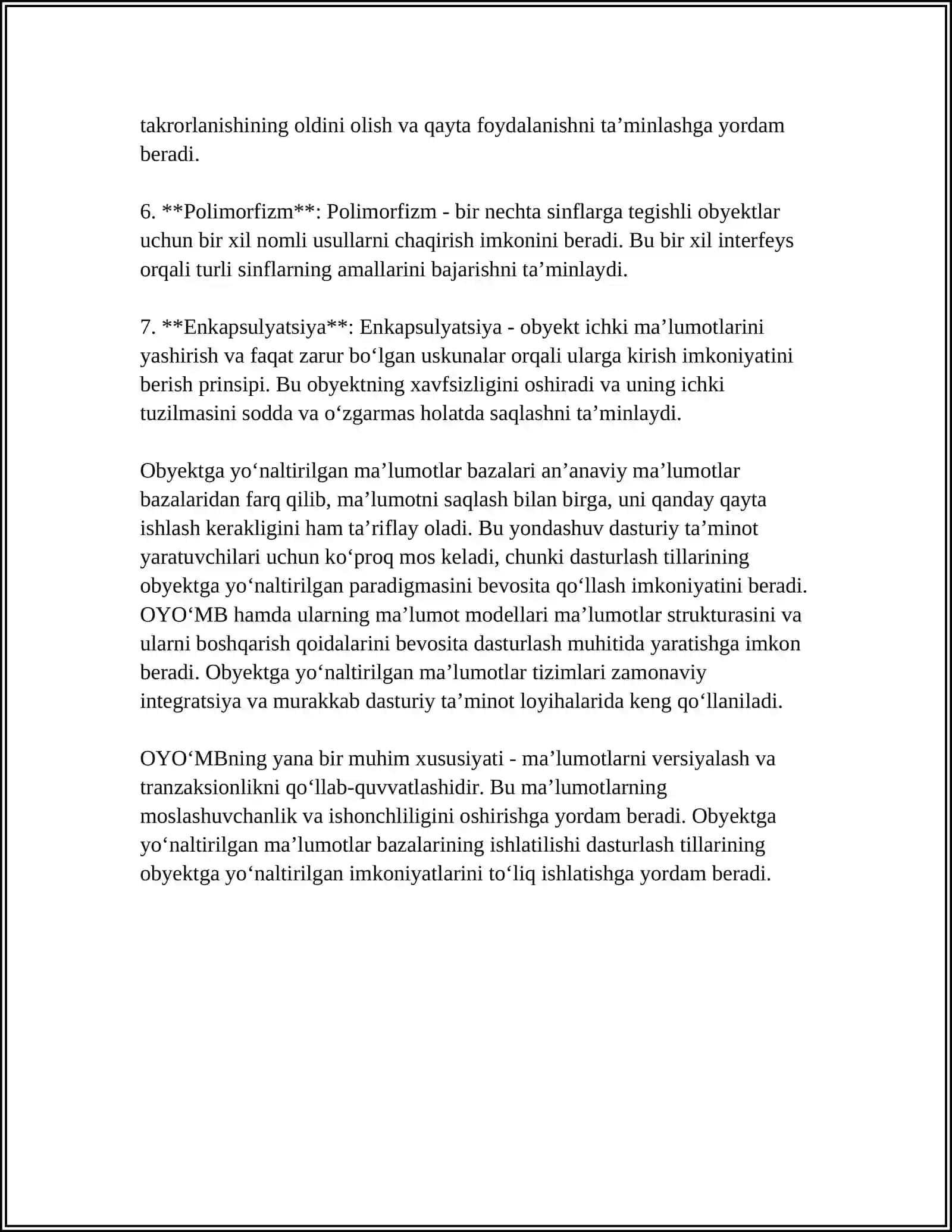 OBYEKTGA YOʻNALTIRILGAN MAʼLUMOTLAR BAZASI 4