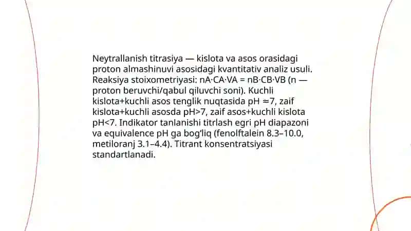 Titrimetriya asoslari. Neytrallanish usulining klinik laboratoriyalarda qo’llanilishi 4