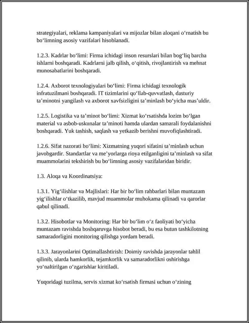 SERVIS XIZMAT KOʻRSATISH FIRMASINING STRUKTURAVIY SXEMALARINI ISHLAB CHIQISH 4